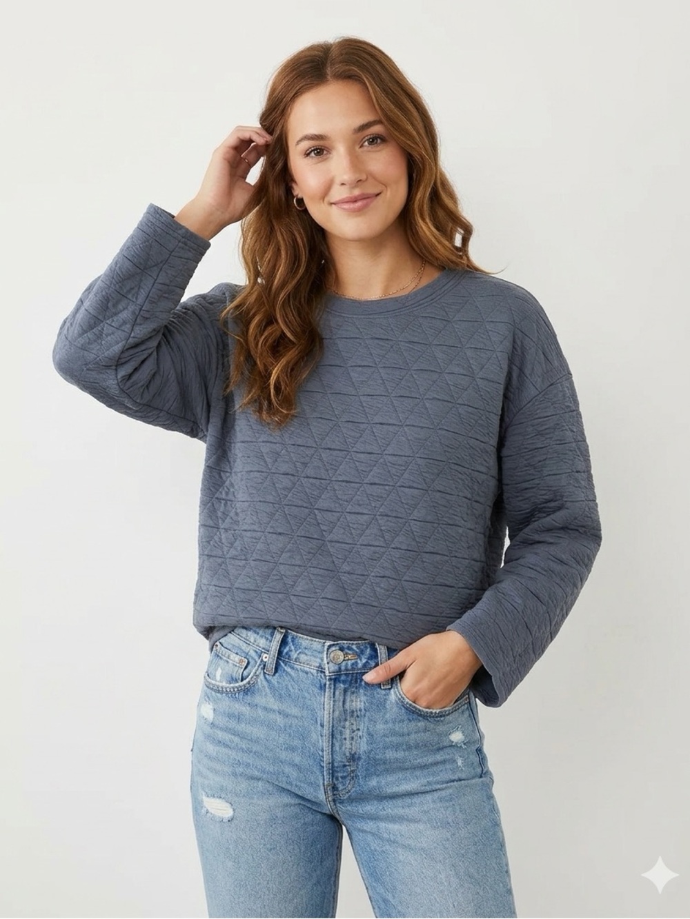Quilted Crewneck Sweatshirt in Slate Blue
